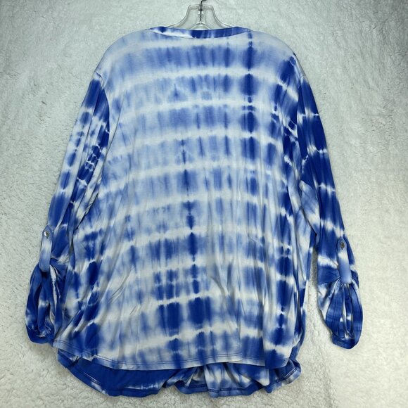 Ruby Rd. Blouse Womens 2X Blue Tie Dye Roll-tab Sleeve Pleats Round Neck - Picture 2 of 7